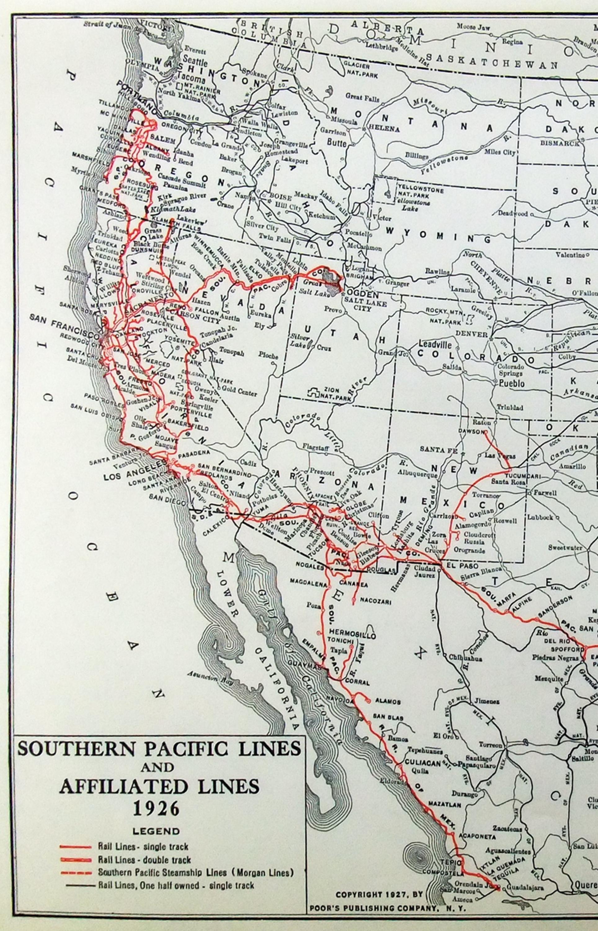 Southern Pacific Lines - Original 1927 Railroad Map by Poor's ...