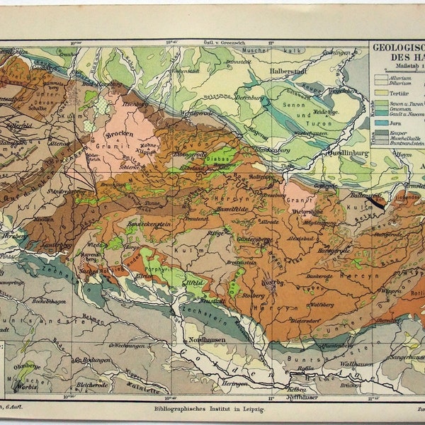 Harz Mountains - Original 1905 Geological Map by Meyers. Harzes. Lower Saxony, Saxony-Anhalt & Thuringia, Germany. Antique