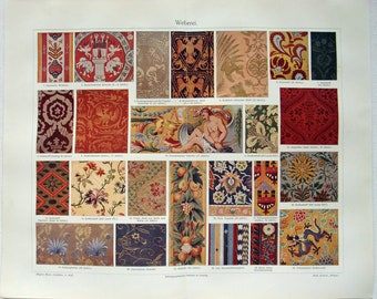 May include: A vintage chart of 20 different textile patterns, labeled with numbers and German text. The patterns are a mix of floral, geometric, and animal motifs in various colors, including red, blue, green, yellow, and black.