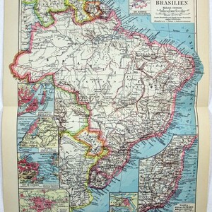Original 1931 German Map of Brazil by Meyers. Vintage