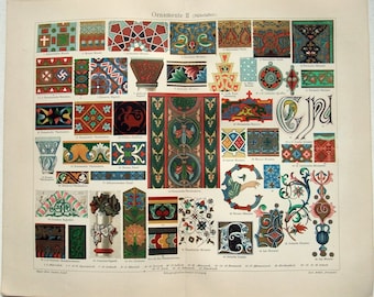 Decorations of the Middle Ages - Original 1908 Chromo-Lithograph by Meyers. Ornamente II. Gothic Romanesque Byzantine Arabic