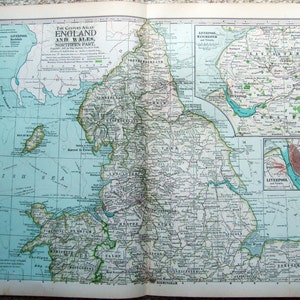 Original 1897 Map of The Northern Part of England & Wales by The Century Company. Antique
