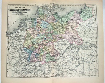German Empire - Original 1896 Copper Plate Map by AJ Johnson. Antique Original. Germany Prussia