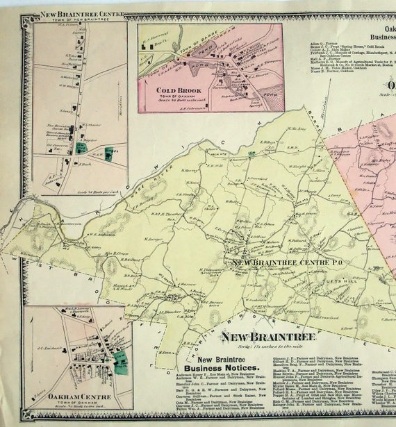Map Of Braintree Ma Oakham & New Braintree Massachusetts. 1870 Map By Fw Beers. | Etsy Canada