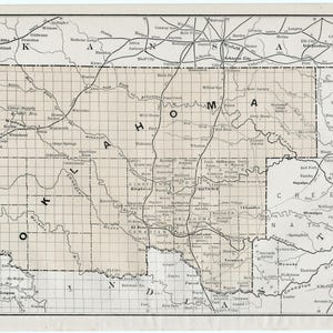 May include: A vintage map of Oklahoma, showing a grid pattern and geographical details. The map, in sepia tones, highlights county boundaries, towns, and roads, with the state's name clearly visible.