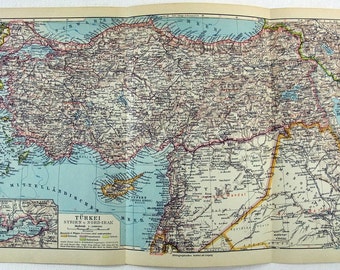 Turkey, Syria and Northern Iraq - Original 1931 German Language Map by Meyers. Vintage
