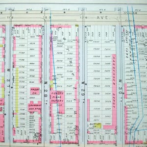 May include: A detailed vintage map with street names and property lines. The map features labeled buildings, including a church and a factory, and street names like "W 27 TH" and "W 30 TH". The map is in shades of pink, yellow, and blue.