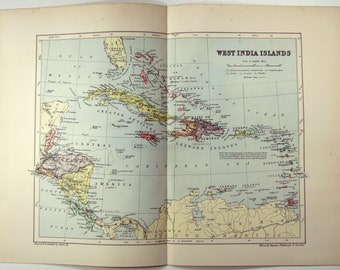 West Indies - Original 1895 Map by W & A. K. Johnston. Antique West India Islands Map
