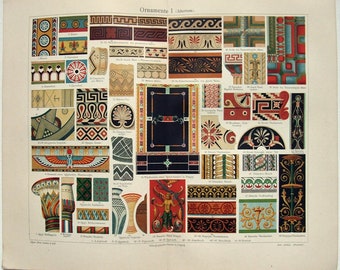 Ancient Decorations - Original 1908 Chromo-Lithograph by Meyers. Ornamente I. Mesopotamian, Egyptian, Greek & Roman