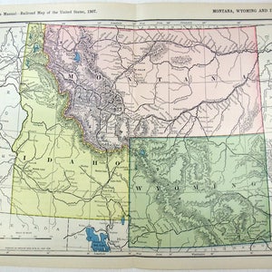 Original 1907 Dated Railroad Map of Montana, Wyoming & Idaho. Antique