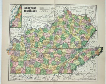 Kentucky and Tennessee - Original 1891 Map by Hunt & Eaton. Antique