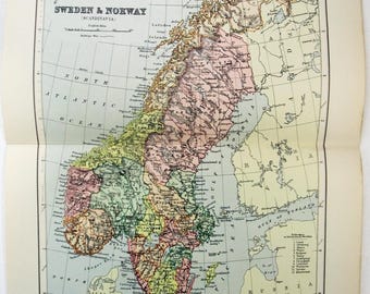 Sweden & Norway: Original 1894 Map by W A. K. Johnston. Antique Original Map