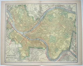 Greater Pittsburgh, PA - Original 1910 Street and Railroad Map by Dodd Mead & Co. Allegheny. Antique