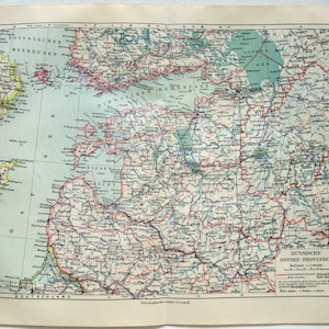 Ostsee Provinzen - Original 1909 Karte von Meyers. Deutschsprachige Landkarte. Estland, Lettland Livland. Antik