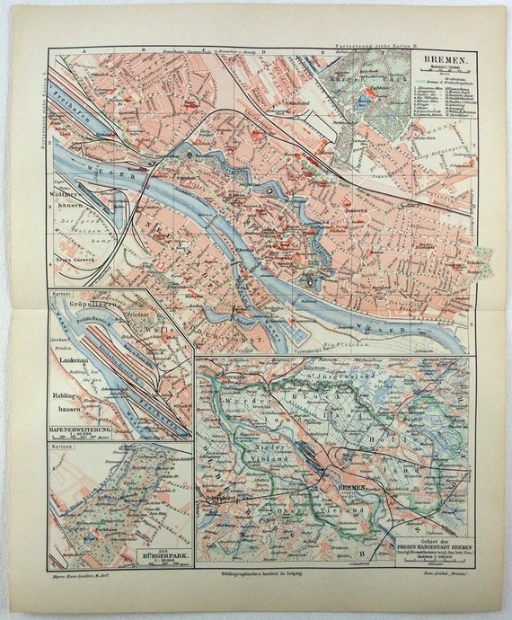 ブレーメン、ドイツ - マイヤーズによる 1906 年のオリジナル市地図