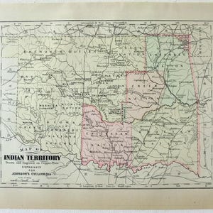 May include: Antique map of the Indian Territory, drawn and engraved on copper plate. The map features detailed geographical information, including the names of nations and settlements, with a focus on the Oklahoma region. The map is from Johnson's Cyclopedia.