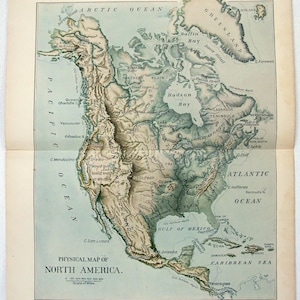 May include: A vintage physical map of North America, featuring detailed geographical information. The map shows the continent's topography, including mountain ranges, plains, and bodies of water. The text "PHYSICAL MAP OF NORTH AMERICA" is displayed at the bottom.