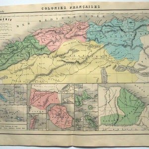 Mapa original de 1859 das colônias da França, de Delamarche. Antiguidade da Era Colonial Colorida à Mão