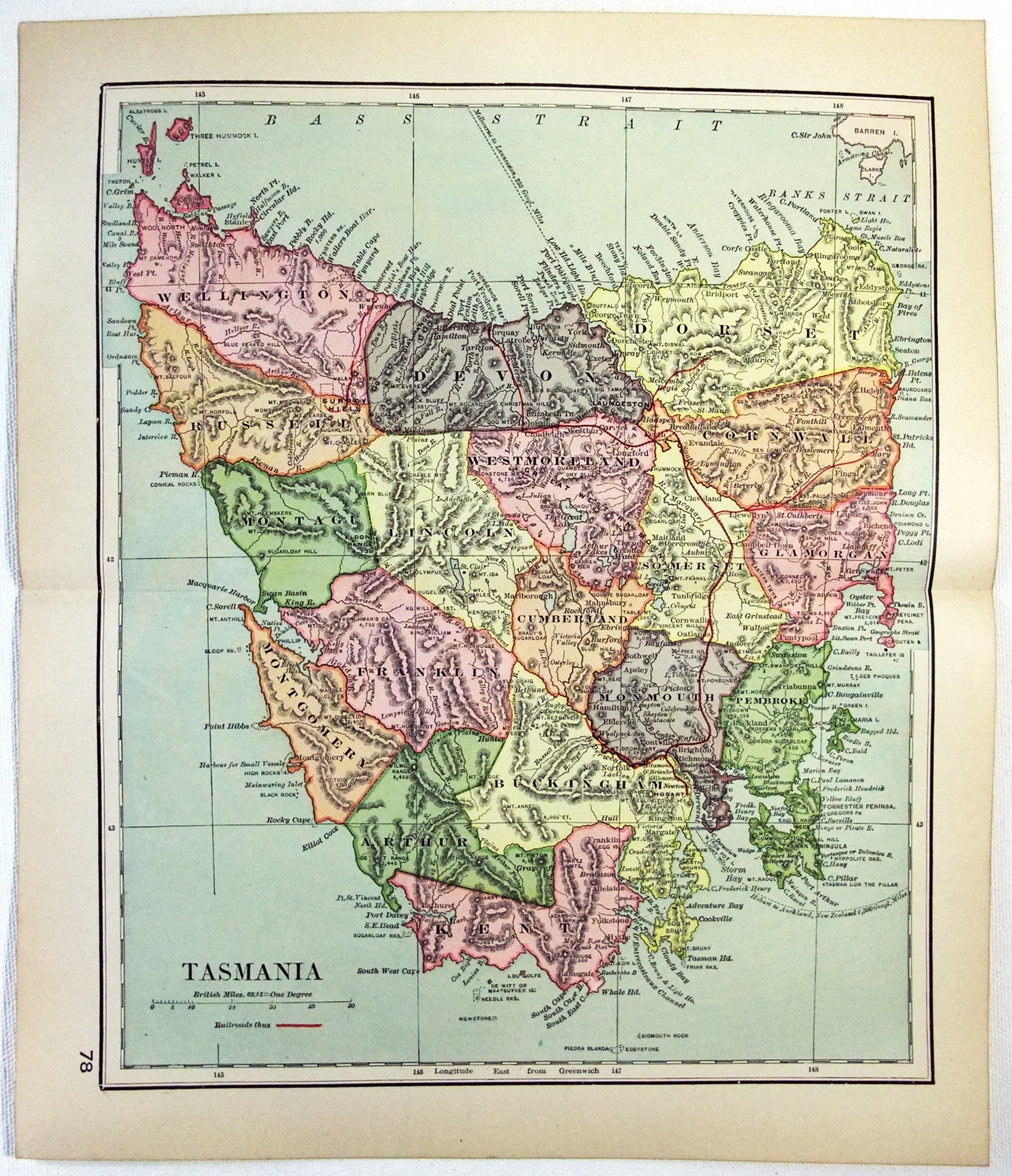 Original 1895 Map of Tasmania Australia by Dodd Mead & Company