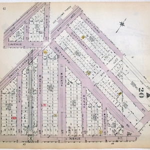 May include: A vintage map of a city block with street names and house numbers. The map is printed on a light brown paper with pink lines. The map shows the area between West 4th Street and West 9th Street, and between 63rd Street and 65th Street.