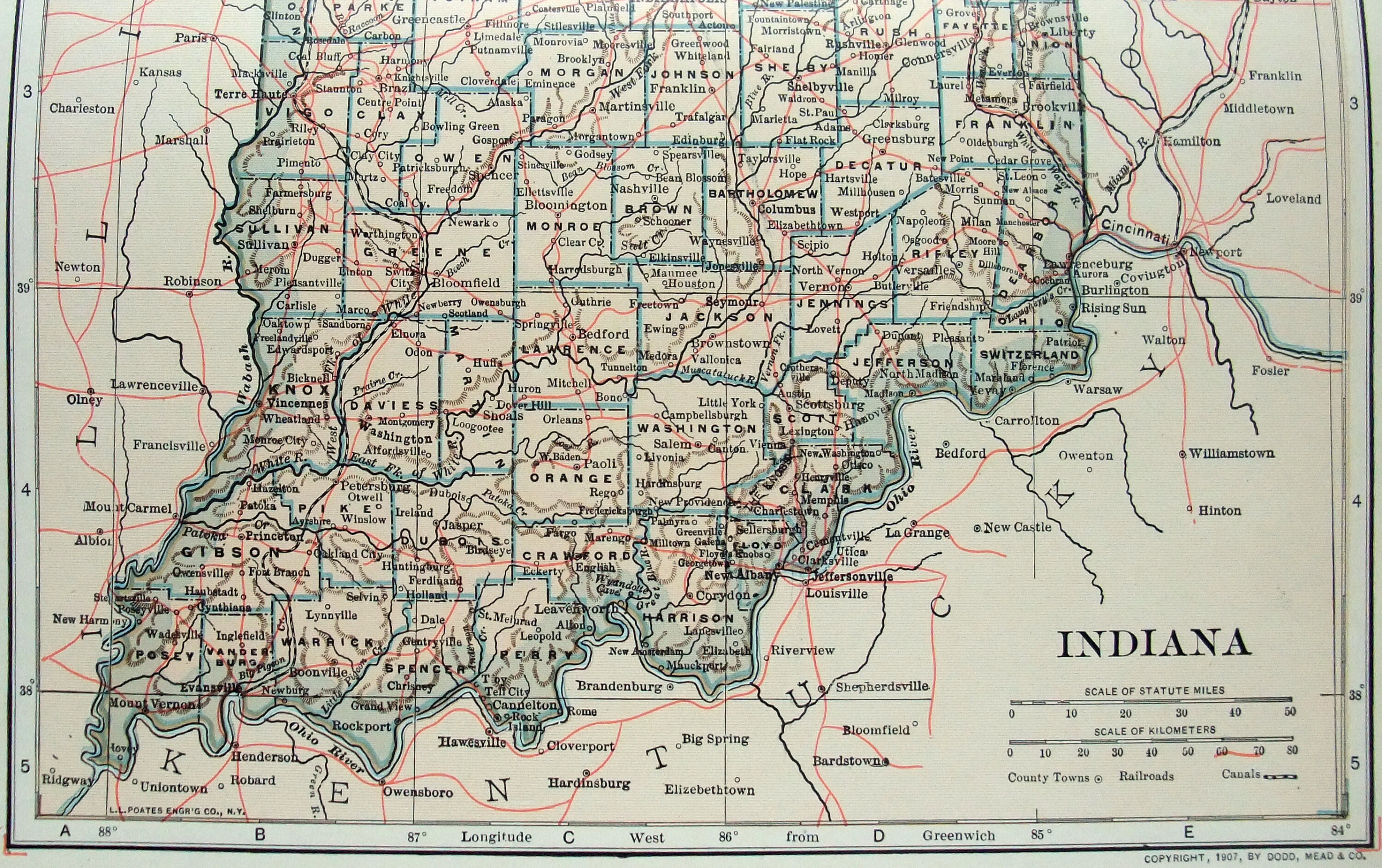 Dodd Indiana Original 1907 Dated Map of Indiana by Dodd Mead & Company. Antique - Etsy