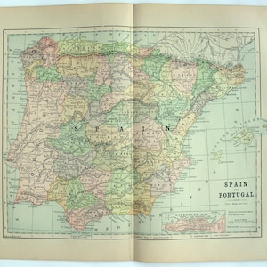 Espagne et Portugal - Carte originale de 1891 par Phillips & Hunt. Carte originale antique