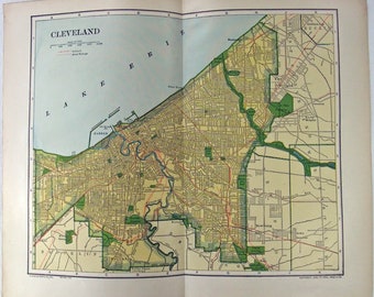 Cleveland, Ohio - Original 1910 Dated Street and Railroad Map by Dodd Mead & Company. Antique