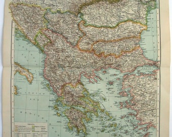 Balkan-Halbinsel Griechenland Bulgarien Serbien ... Alte Landkarte 1908 Mkl7 