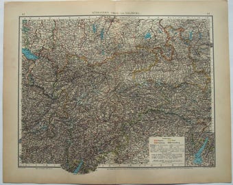 Southern Bavaria, Tyrol & Salzburg: Original 1896 Map by Velhagen and Klasing. Germany Austria Antique