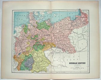 Original 1891 Map of The German Empire by Hunt & Eaton. Germany Prussia Antique