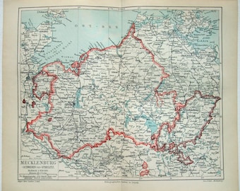 Original 1907 Map of The Mecklenburg Region of Germany by Meyers. Antique