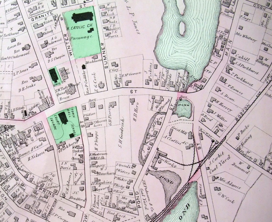 Milford Massachusetts. Große 1870 Street Map von FW Beers. Etsy.de