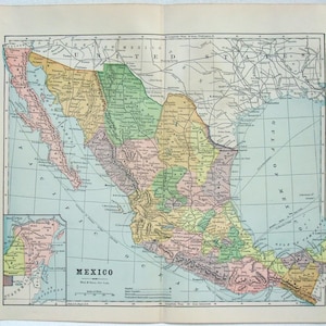 May include: A vintage map of Mexico, featuring detailed geographical information and state boundaries. The map is printed on aged paper, with a color palette of greens, yellows, pinks, and blues. The title "Mexico" is prominently displayed at the bottom.