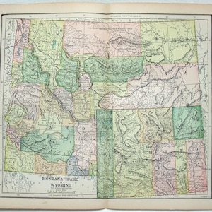 Carte originale de 1889 du Montana, de l'Idaho et du Wyoming par Hunt & Eaton. Antiquités