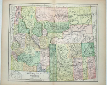 Original 1889 Map of Montana, Idaho and Wyoming by Hunt & Eaton. Antique