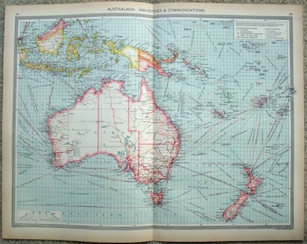 Vintage Australasia Map: 1907 George Philip and Sons, Industries and Communications