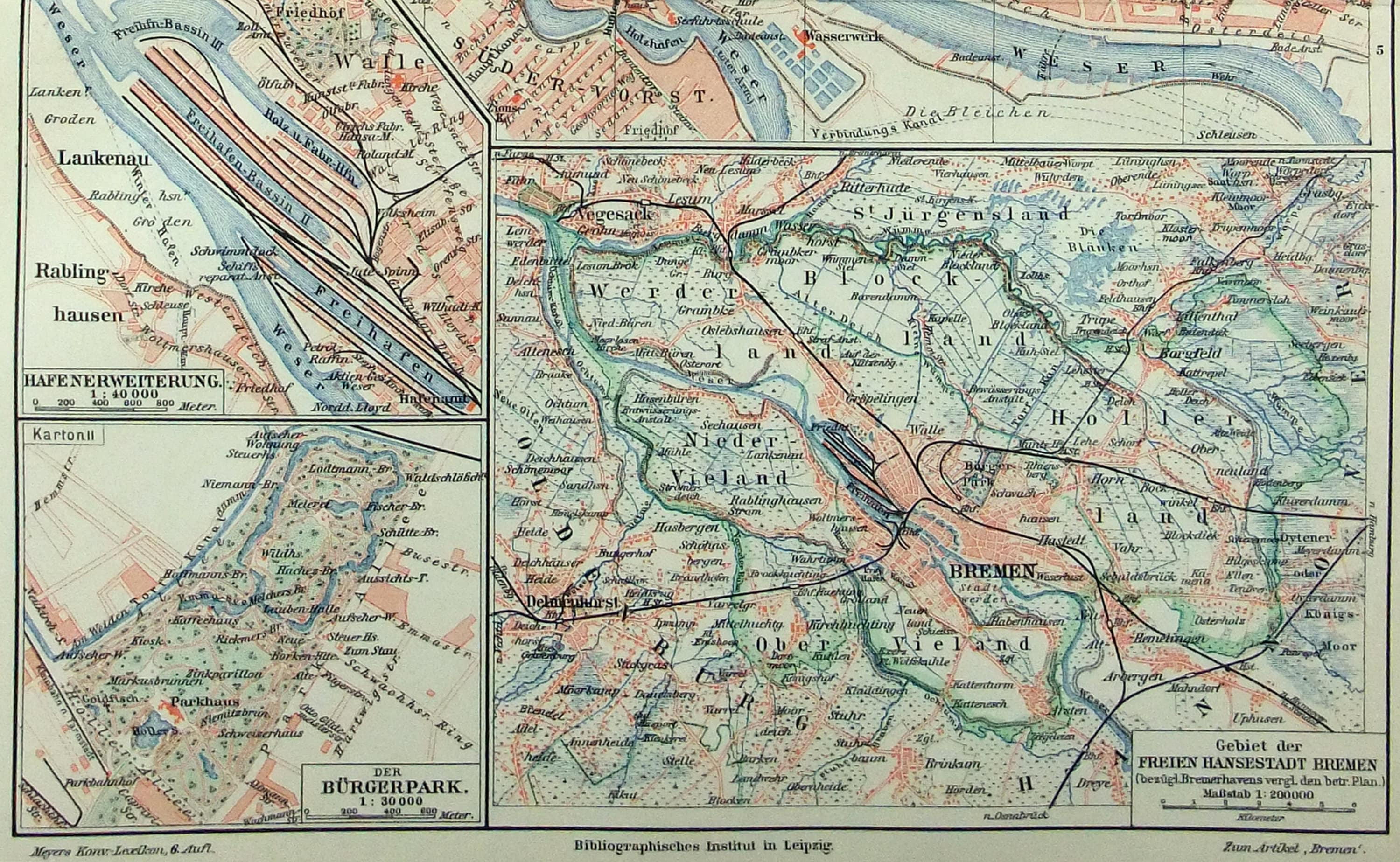 ブレーメン、ドイツ - マイヤーズによる 1906 年のオリジナル市地図