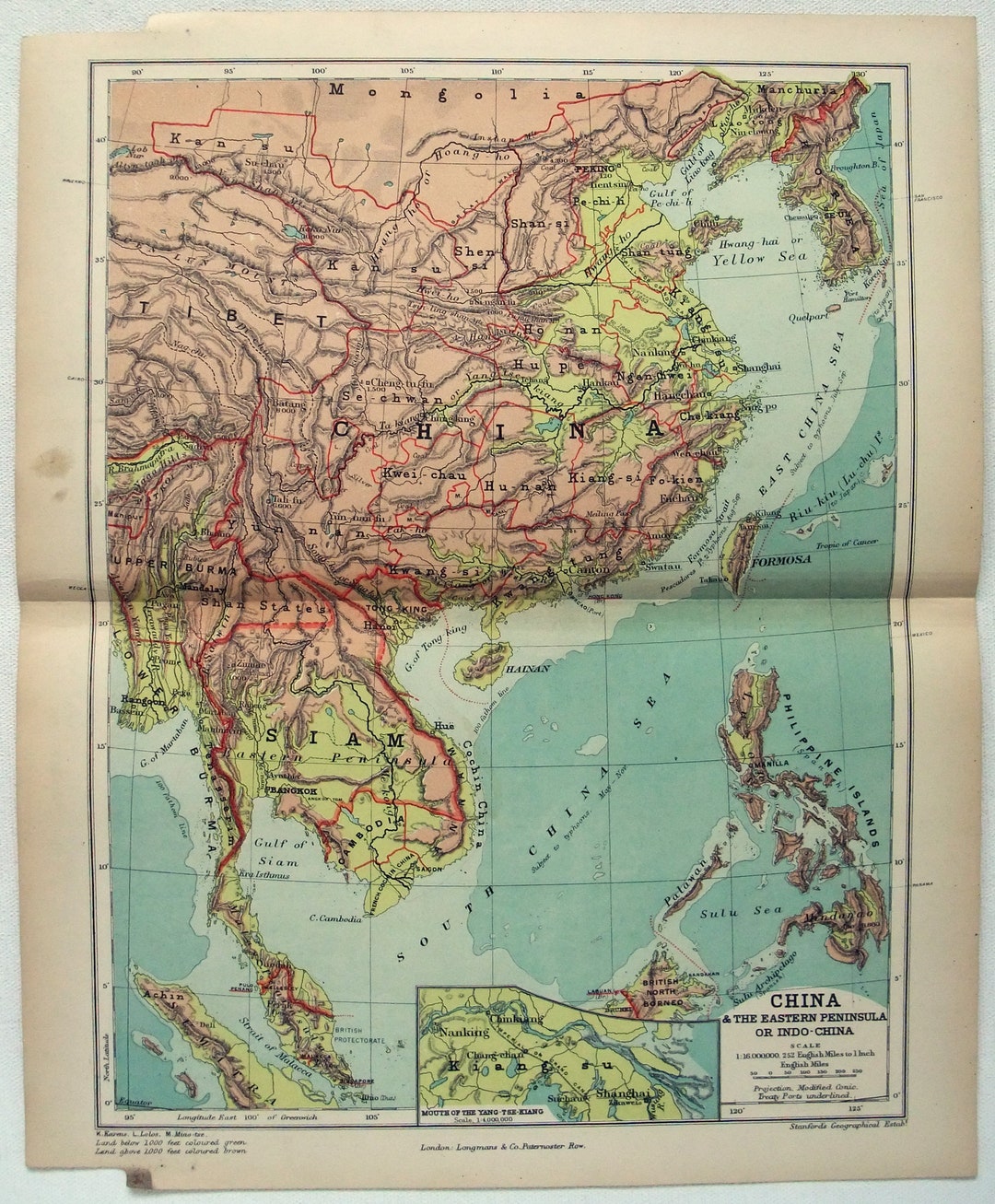 Southeast Asia & SE China- Original 1901 Physical Map by Longmans
