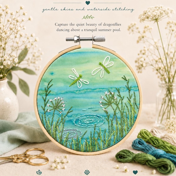 Kit per ricamo "Danza della libellula", cucito a mano per principianti, arte tessile ispirata alla natura (telaio da 10 cm)
