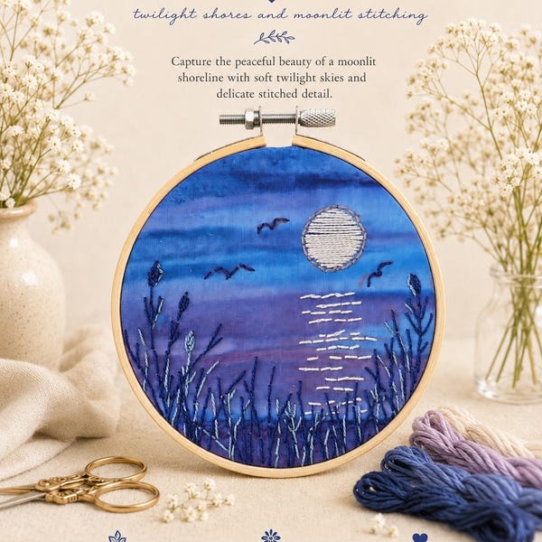 Kit per ricamo "Maree al chiaro di luna", ricamo a mano per principianti, arte tessile ispirata alla natura (telaio da 10 cm)