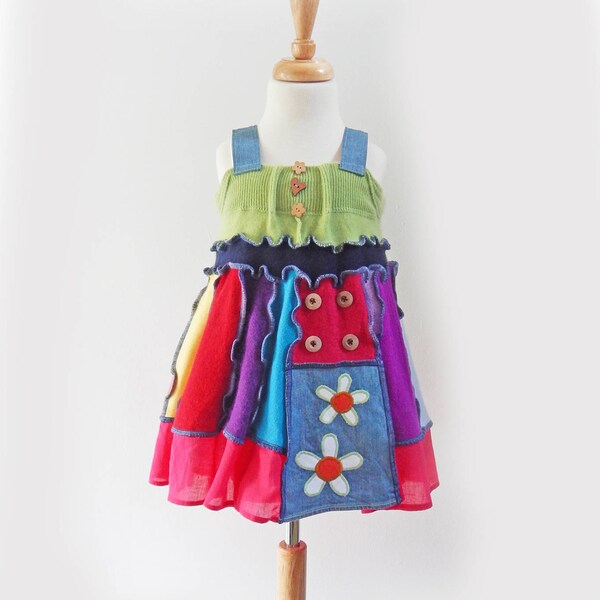 Rainbow Dress, Funky Sundress, Pinafore Dress, Daisy Tunic, Upcycled Dress, Cashmere Dress, Hippy Dress, Festival, Applique Dress, Age 3 - 5