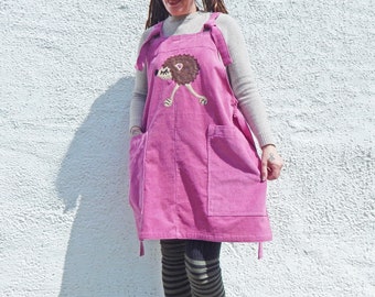 Hedgehog Pinafore - Pink Cotton Corduroy - Dungaree Dress - Pockets - Overall Skirt - Relax Fit Jumper - Unique Clothing