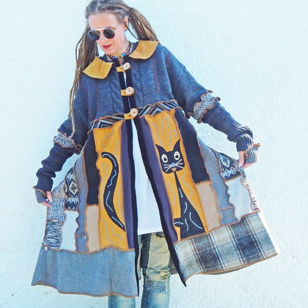 Cat Cardigan - Upcycled Sweater Coat - Flared Style - Recycled Knitwear Jacket - Unique Clothing - Eco Friendly - Plus Size