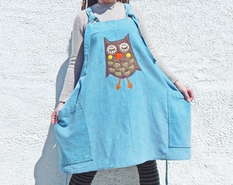 RESERVED for Eiryl - Owl Pinafore - Blue Cotton Corduroy - Dungaree Dress - Pockets - Overall Skirt - Relax Fit Jumper - Unique Clothing