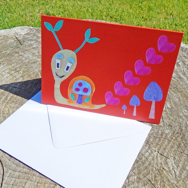 Psychedelic Snail Card - Any Occasion - Blank Inside Greeting - Printed Note Card - Mushroom Hearts - Recycled - Eco Friendly