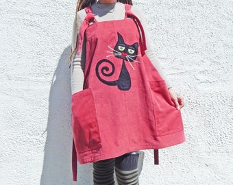 RESERVIERT für Eiryl - Katzen Schürze - Roter Baumwoll Cord - Latzhose Kleid - Taschen - Overall Rock - Relax Fit Pullover - Einzigartige Kleidung