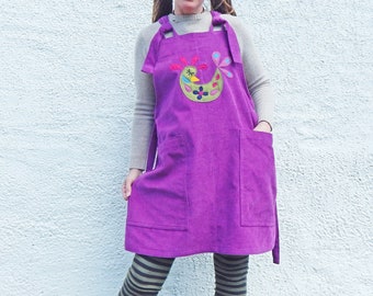 Bird Pinafore - Purple Cotton Corduroy - Dungaree Dress - Pockets - Overall Skirt - Relax Fit Jumper - Unique Clothing
