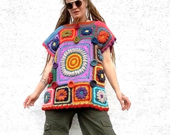 Crochet Tank Top - Flower Sweater Vest - Sleeveless Jumper - Rainbow Multicoloured - Granny Square Patchwork - Unique Clothing