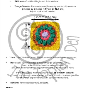May include: A crochet pattern page titled "Pattern Information". It details instructions for an embossed flower square, measuring 12.7 cm by 12.7 cm. The pattern uses US crochet terms and is suitable for confident beginners and intermediate crocheters.