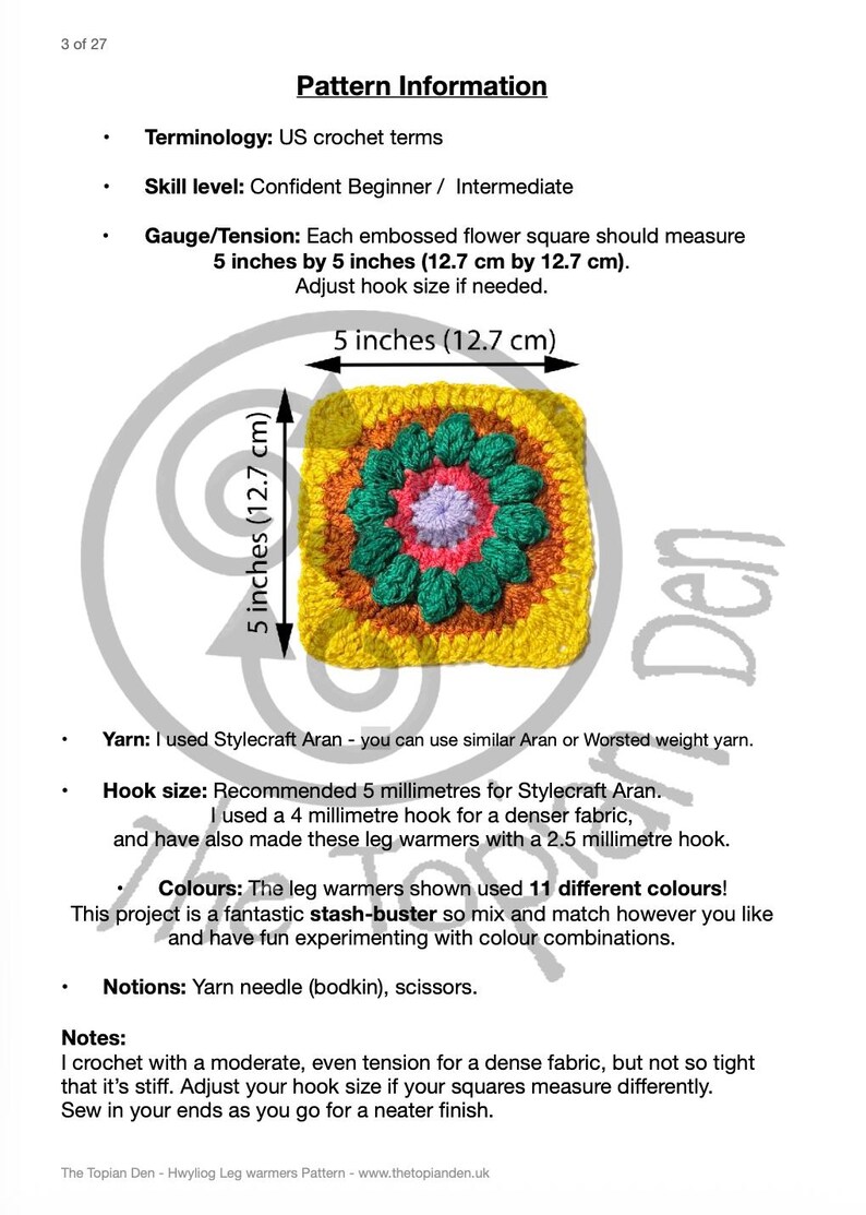 May include: A crochet pattern page titled "Pattern Information". It details instructions for an embossed flower square, measuring 12.7 cm by 12.7 cm. The pattern uses US crochet terms and is suitable for confident beginners and intermediate crocheters.